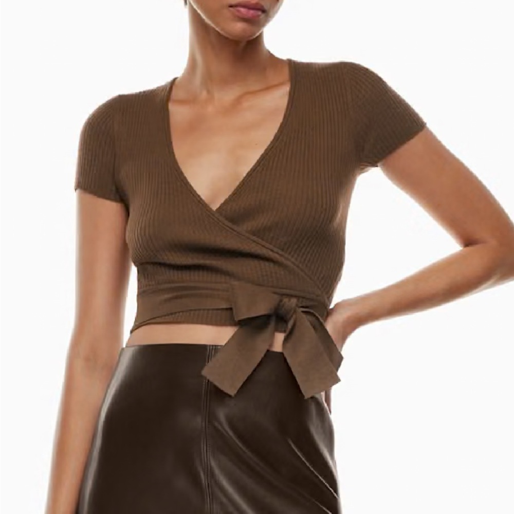Aritzia Brown Ribbed Wrap Crop Top